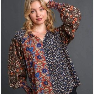 Umgee Womens Mix Media Lightweight Bohemian Blouse Top. Sz L